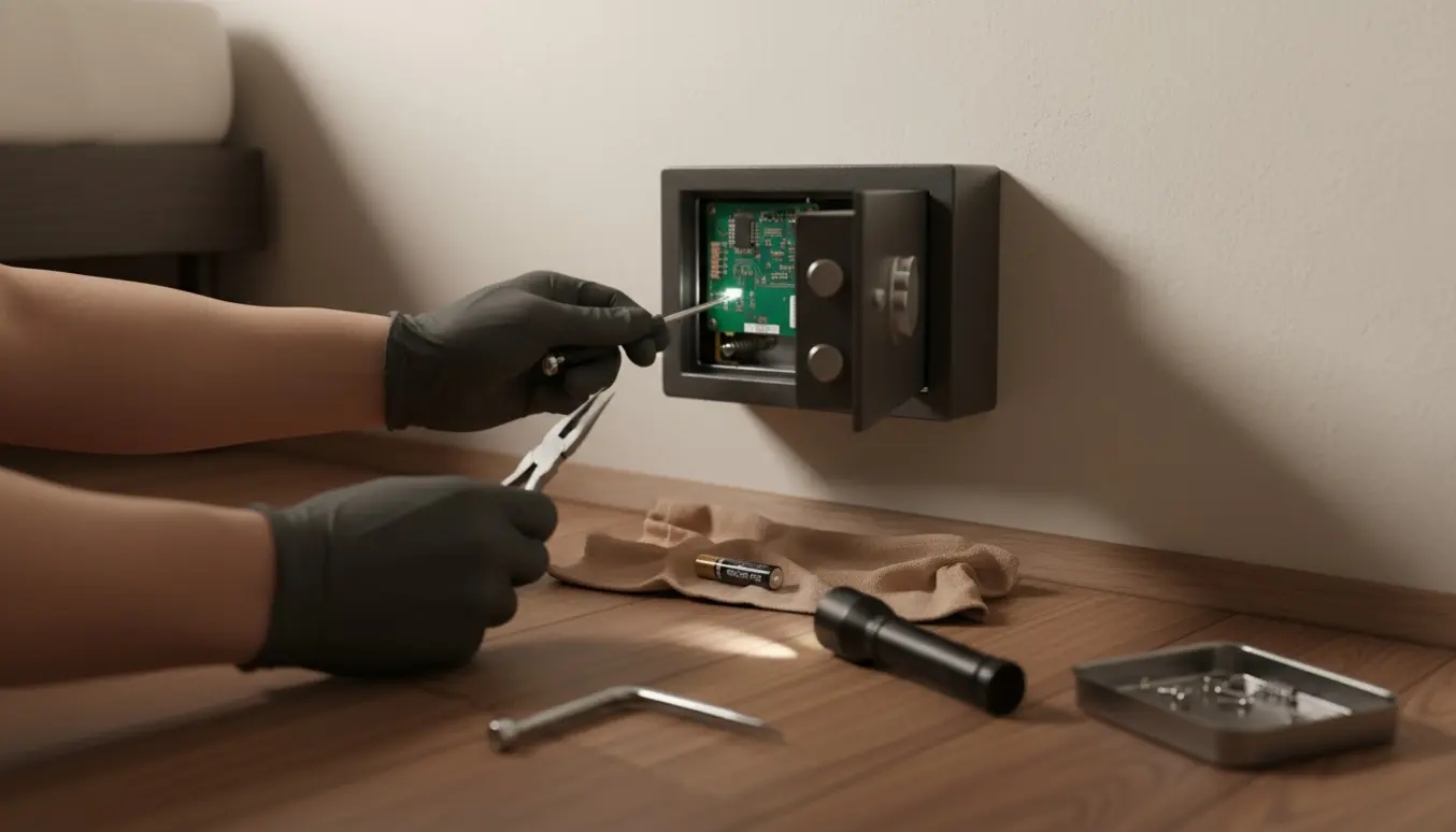 Hænder arbejder med værktøj ved et lille pengeskab monteret lavt på væggen.