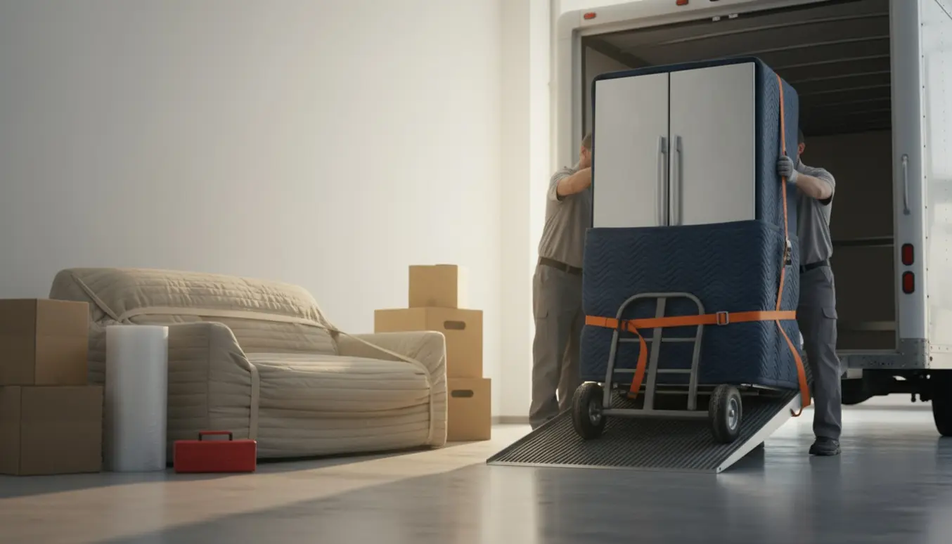 Sofa, sovesofa og køleskab pakket og sikret på dolly, klar til flytning ud af en lejlighed.