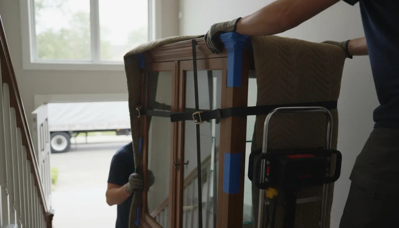 To personer bruger en elektrisk trappesækkevogn, tæpper og stropper til forsigtigt at flytte et tungt vitrineskab ned ad en boligtrappe.