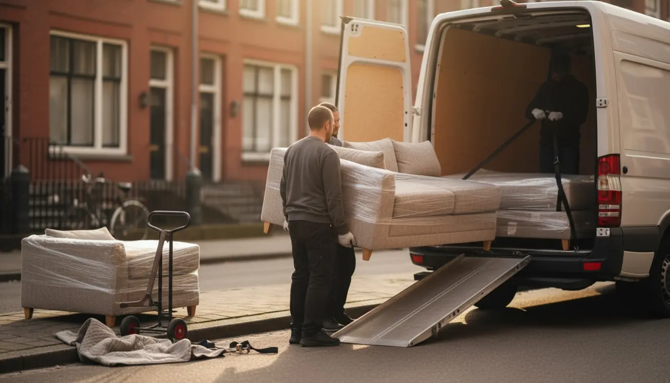 Modulsofa i sektioner pakkes ind og læsses på en varevogn med flyttestropper og tæpper.