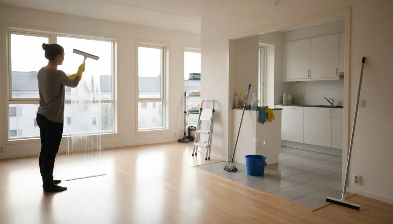 En person pudser store ruder i en lys andelslejlighed med moppe og rengøringsudstyr i køkkenet og bryggerset.