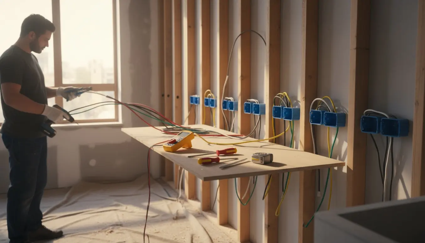 Elektriker forbereder elinstallation over bordpladen i et køkken under renovering med synlige ledninger og værktøj.