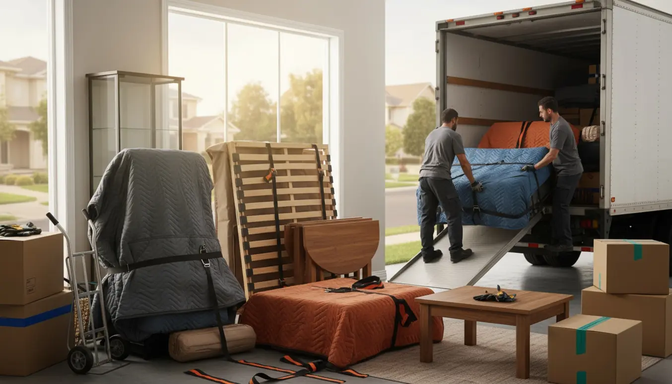 To flyttemænd bærer indpakket seng og sofa ind i en åben flyttebil med møbler dækket af flyttetæpper.