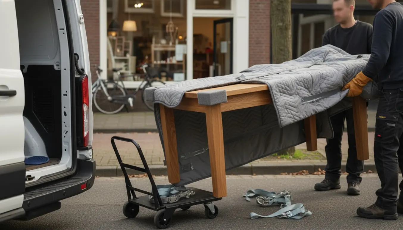 Et massivt træspisebord pakkes og læsses i en varevogn uden for en møbelforretning.