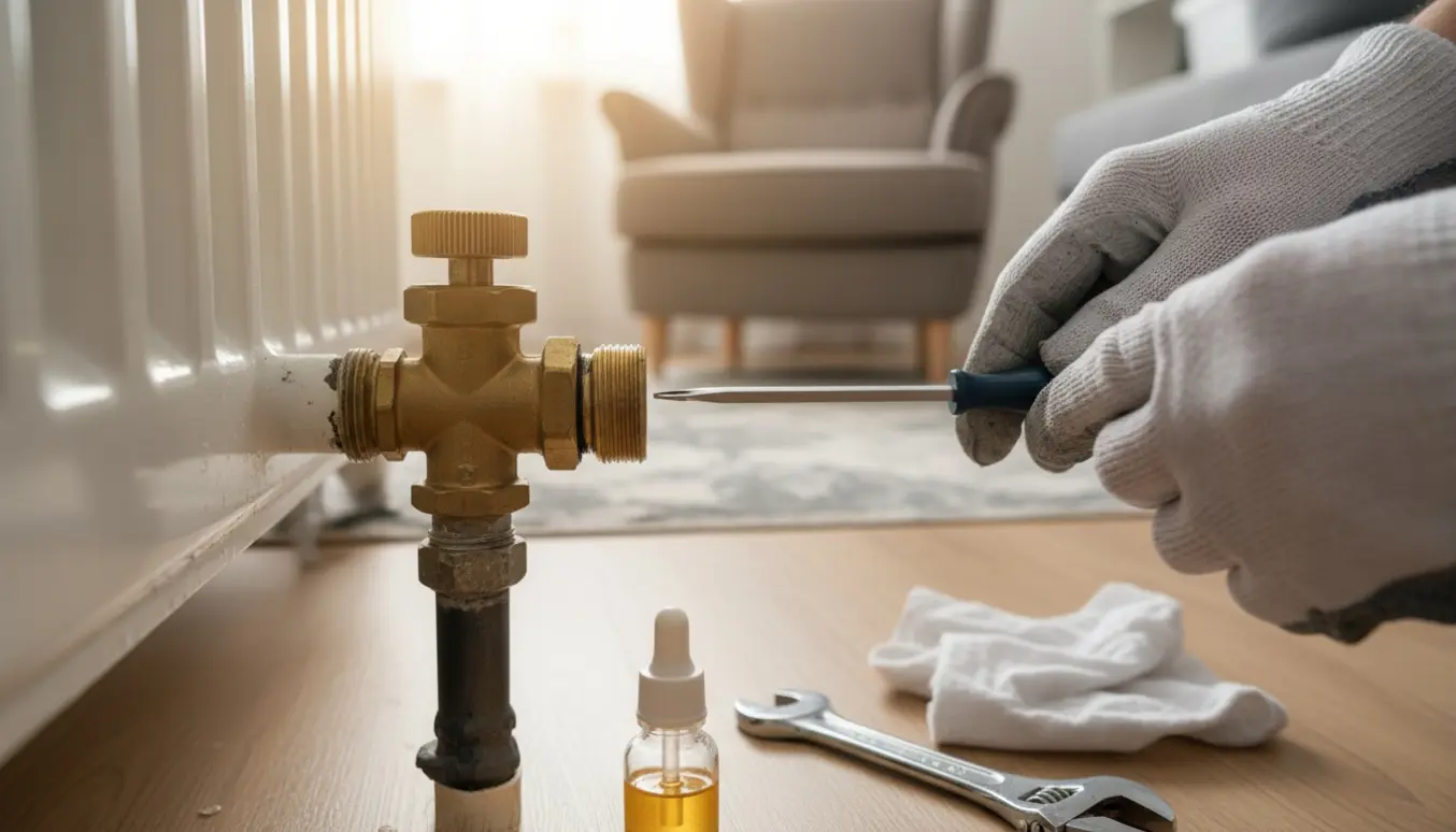 Nærbillede af en radiator med termostatventilhoved fjernet og eksponeret ventilstift med værktøj ved siden af.