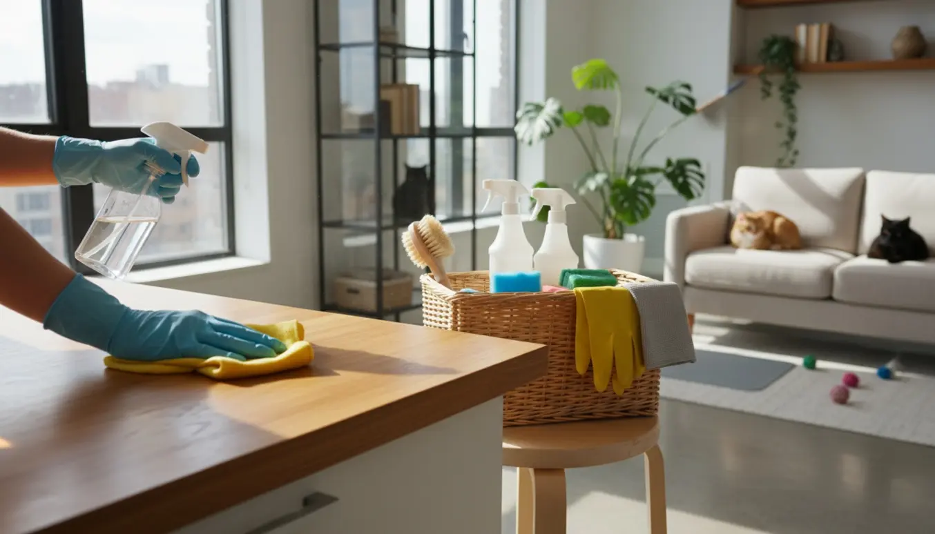 Hænder i gummihandsker tørrer en køkkenbordplade med en microfiberklud, rengøringsbøtte og to katte i baggrunden.