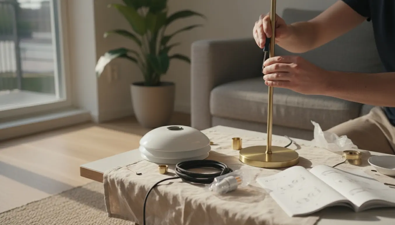 Hænder samler en PH‑standerlampe med skærme, værktøj og manual på et bord i en lys stue.