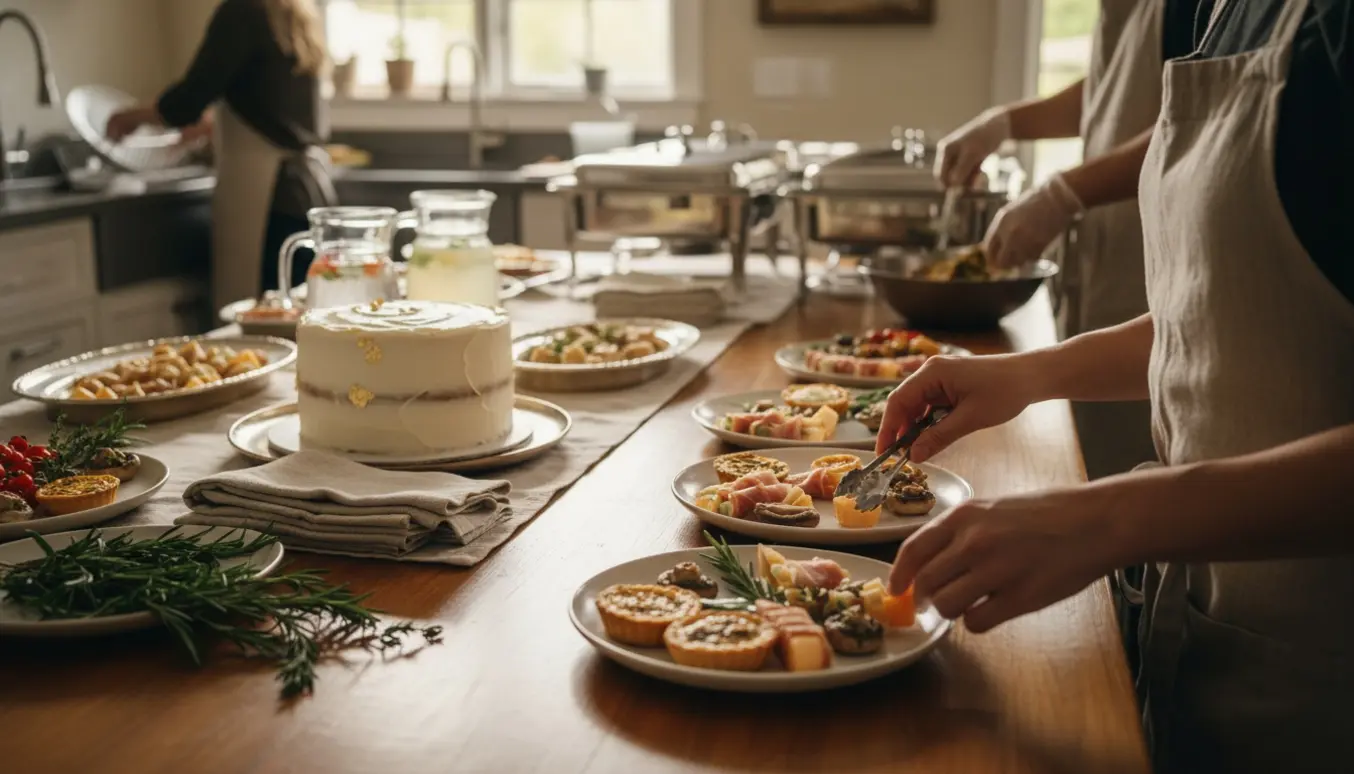 Hænder anretter mad og fylder op ved et buffetbord til fødselsdag, med opvask i baggrunden.