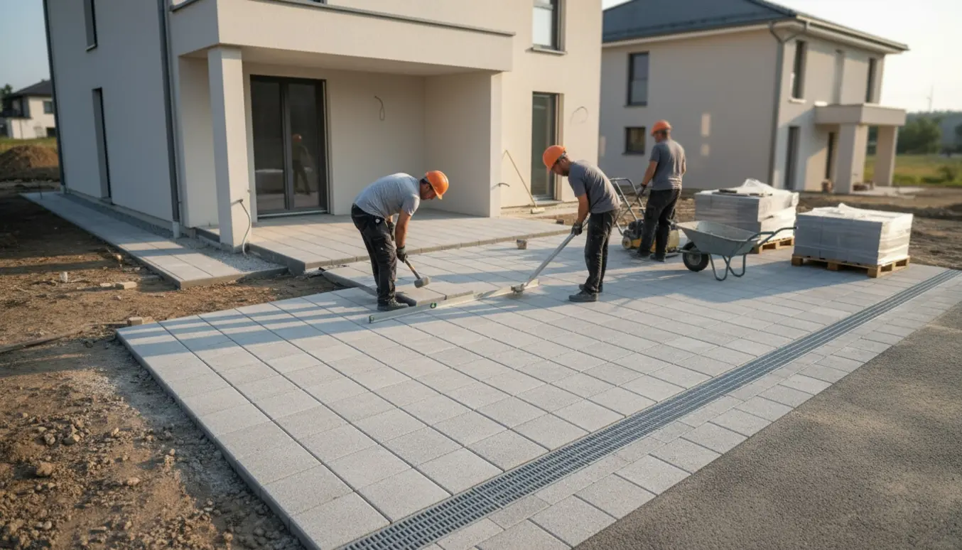 Nybygget hus med nylagte grå betongfliser i indkørsel og rundt om huset, værktøj og dræn synligt.