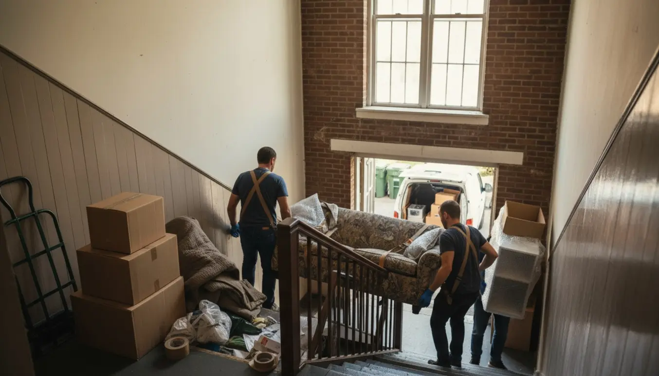 To mænd bærer en sofa ned ad en trappe med flyttekasser, en spånpladereol og en indpakket gammel håndvask klar ved en varevogn.