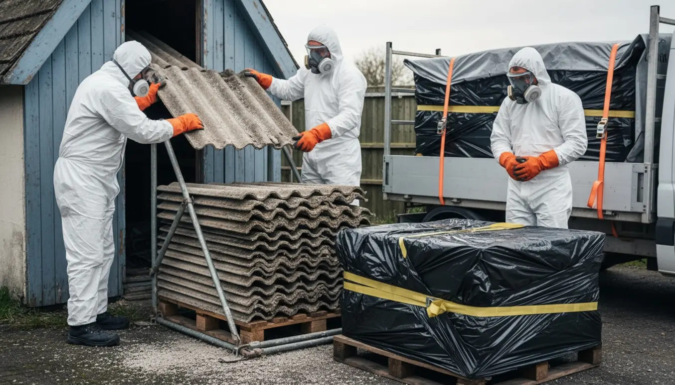 Arbejdere i beskyttelsesudstyr fjerner og indpakker bølgeeternit tagplader klar til lovlig bortkørsel.