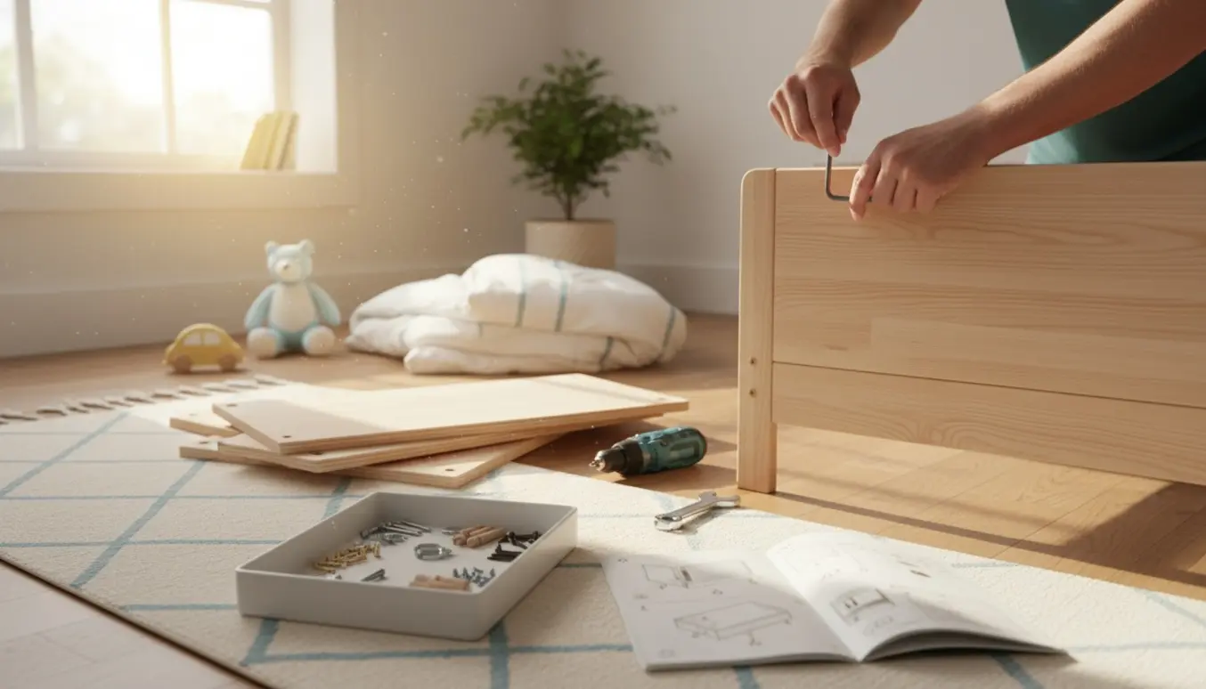 Delvist samlet Småstad børneseng i et lyst børneværelse med værktøj og hænder, der strammer bolte.