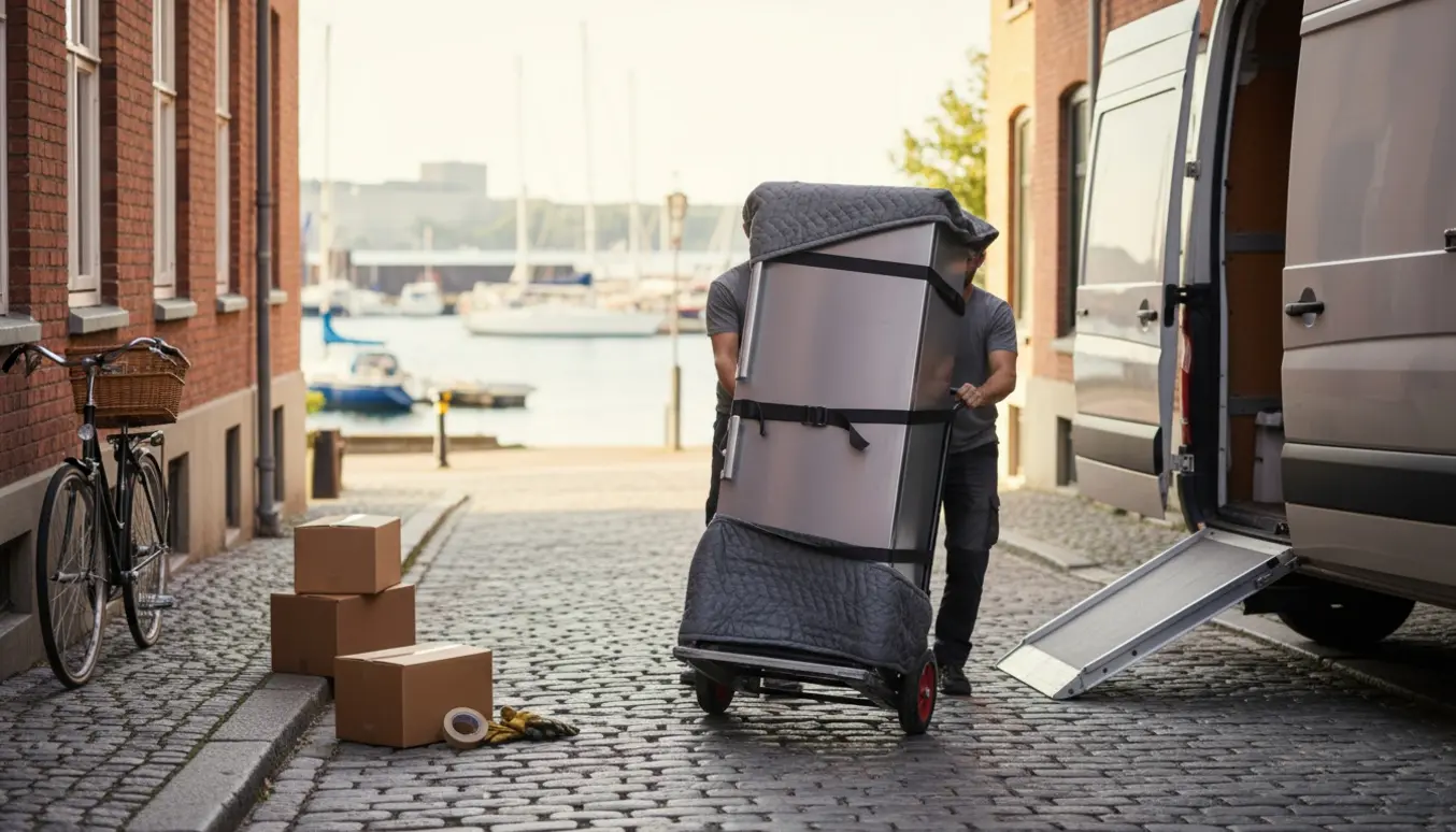 Et køleskab løftes op i en flyttebil på en brostensgade med havneområde i baggrunden.