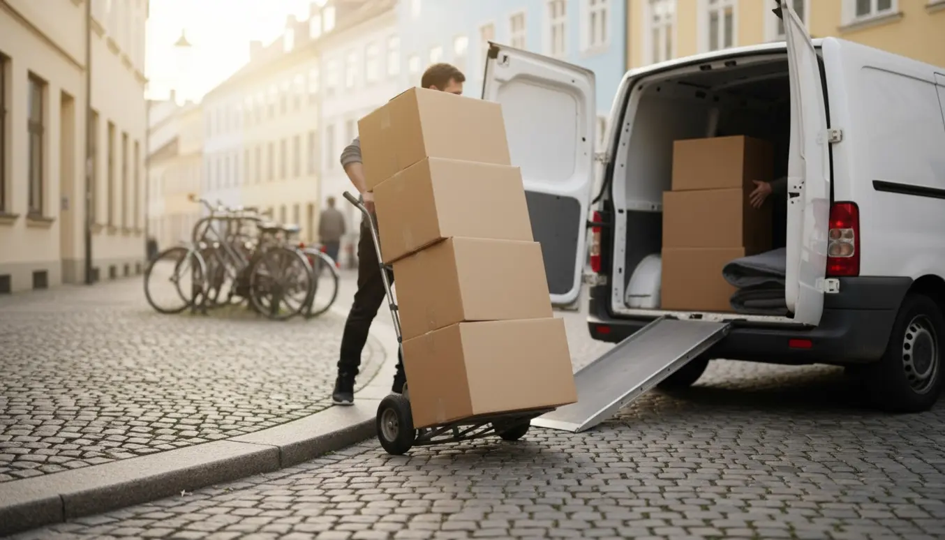 Flere flyttekasser læsses med en dolly ind i en varevogn ved fortovet i morgenslys.