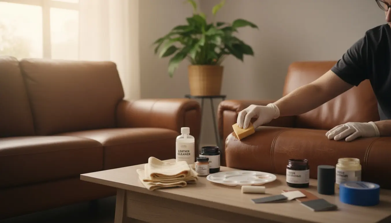 Nærbillede af hænder, der påfører læderfarve på en falmet sofa og viser før-og-efter-udseendet.