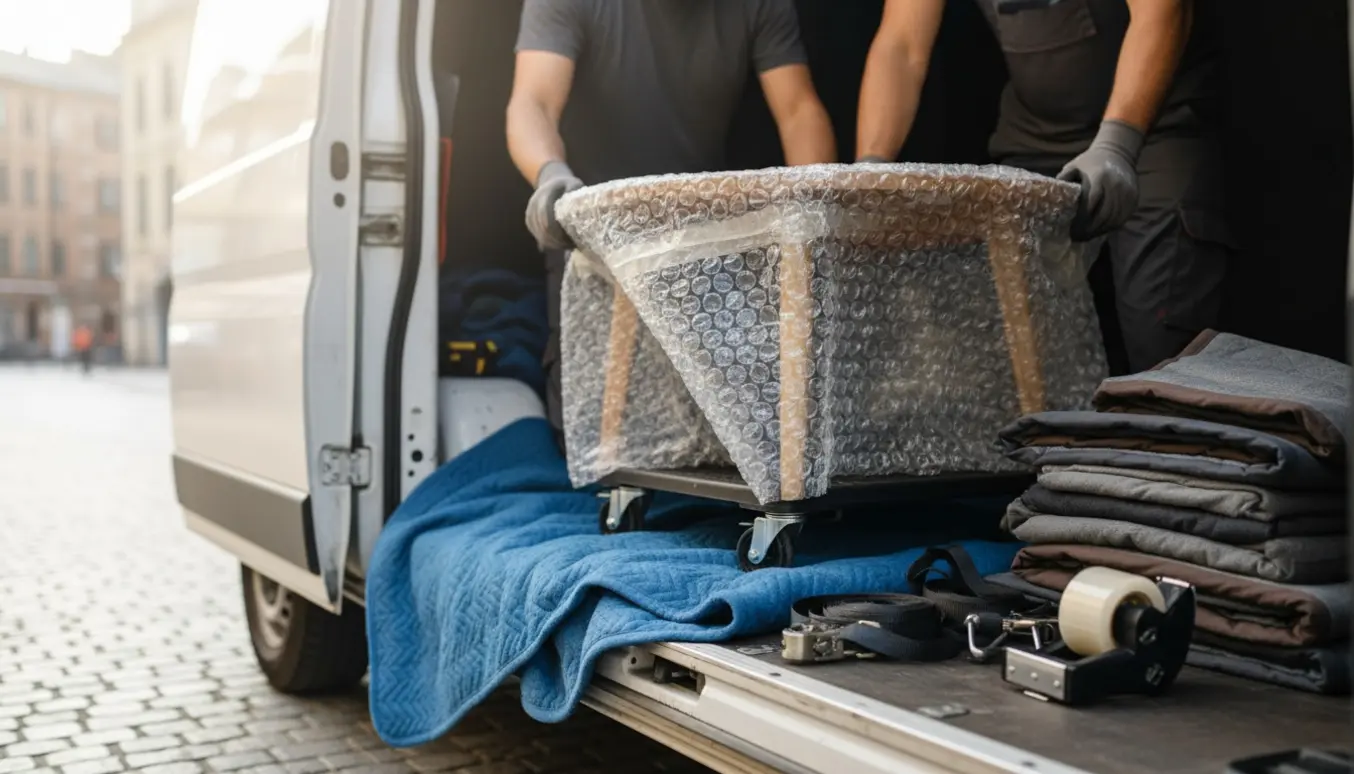 Et rundt træsofabord bliver pakkes og læsset i en hvid flyttevan på en stille brostensgade.