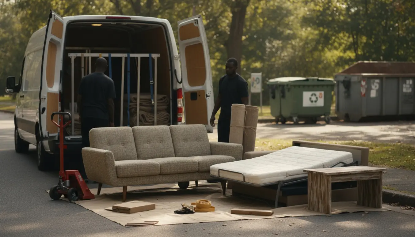 Flyttefolk læsser en sofa, to rullede tæpper og en havbænk ved en åben varevogn med genbrugsstation i baggrunden.