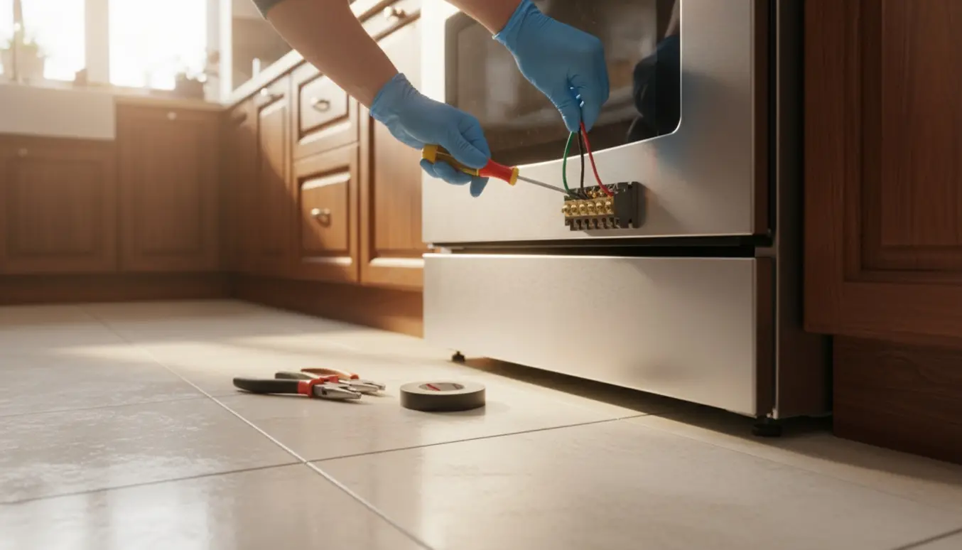 Nærbillede af hænder, der tilslutter tre elektriske ledninger til bagenden af et udtrukket komfur.