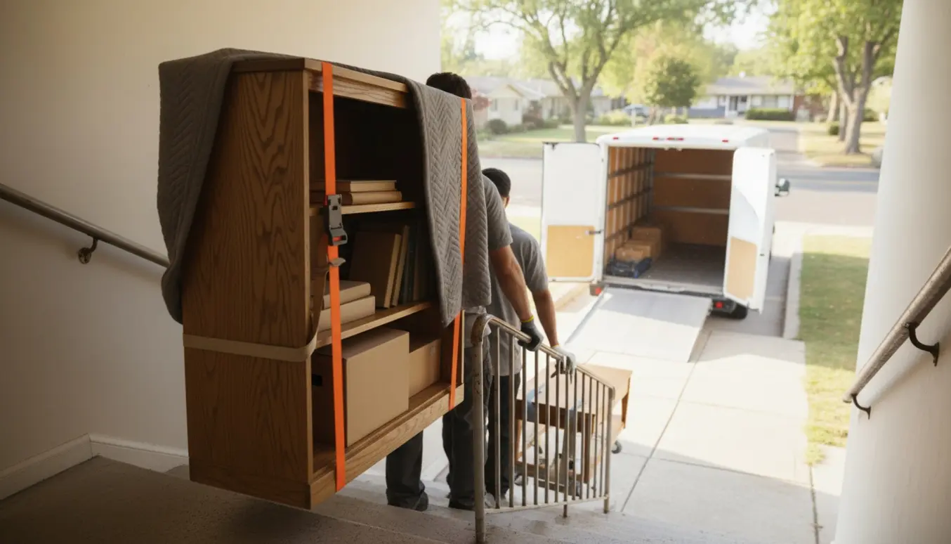 To mænd bærer en bogreol og et lille sofabord ned ad en trappe mod en ventende flyttebil.