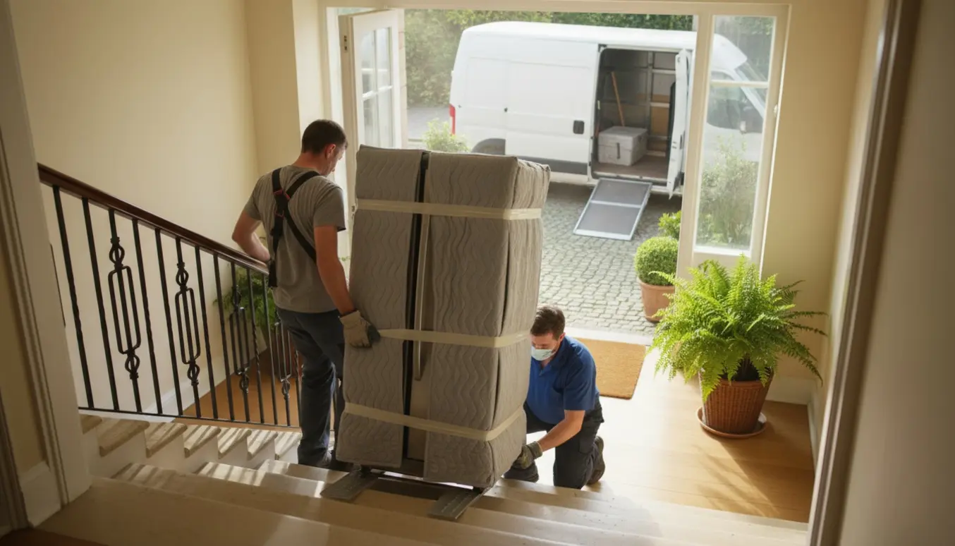 To flyttemænd bærer et stort amerikansk køle-fryseskab ned ad trapperne mod en varevogn foran hoveddøren.