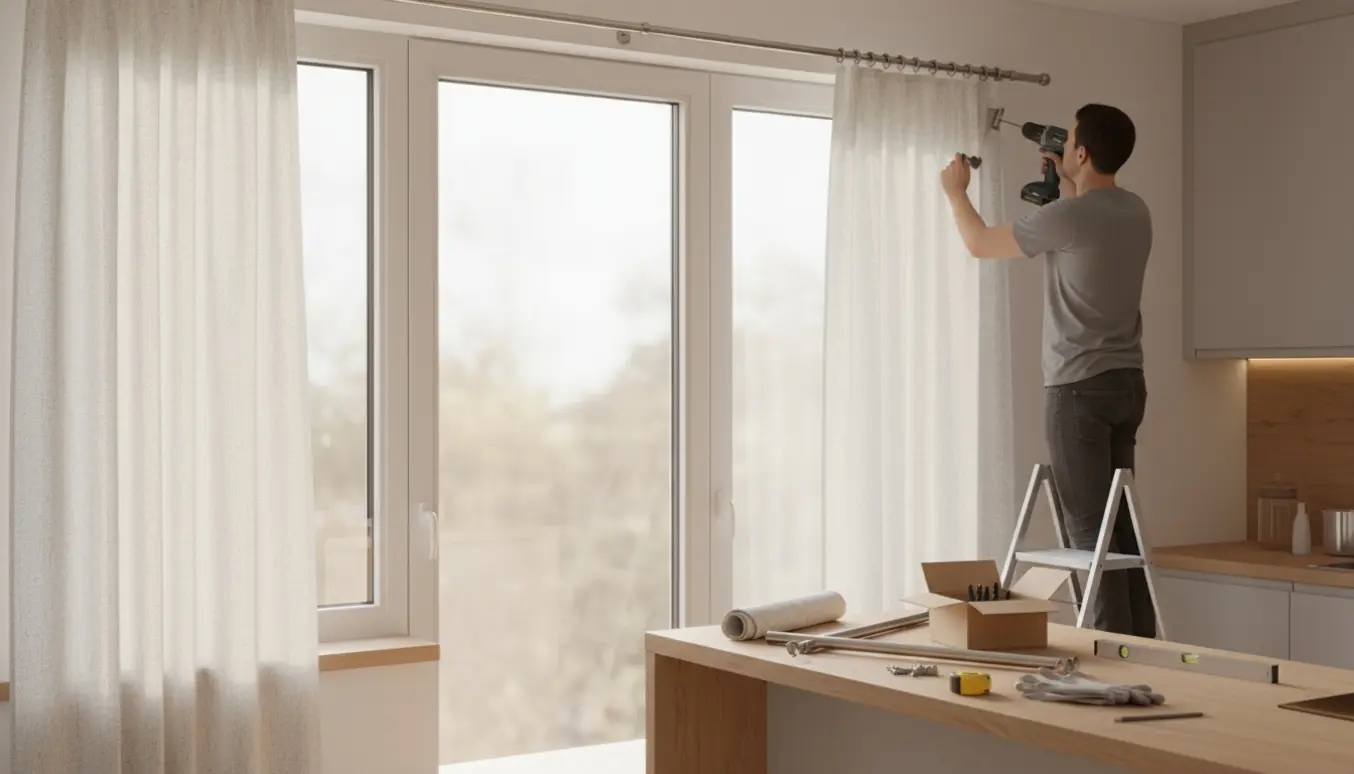 Ophængning af færdigsyede bomuldsgardiner ved et køkkenvindue og glasdør med boremaskine, beslag og måleværktøj.