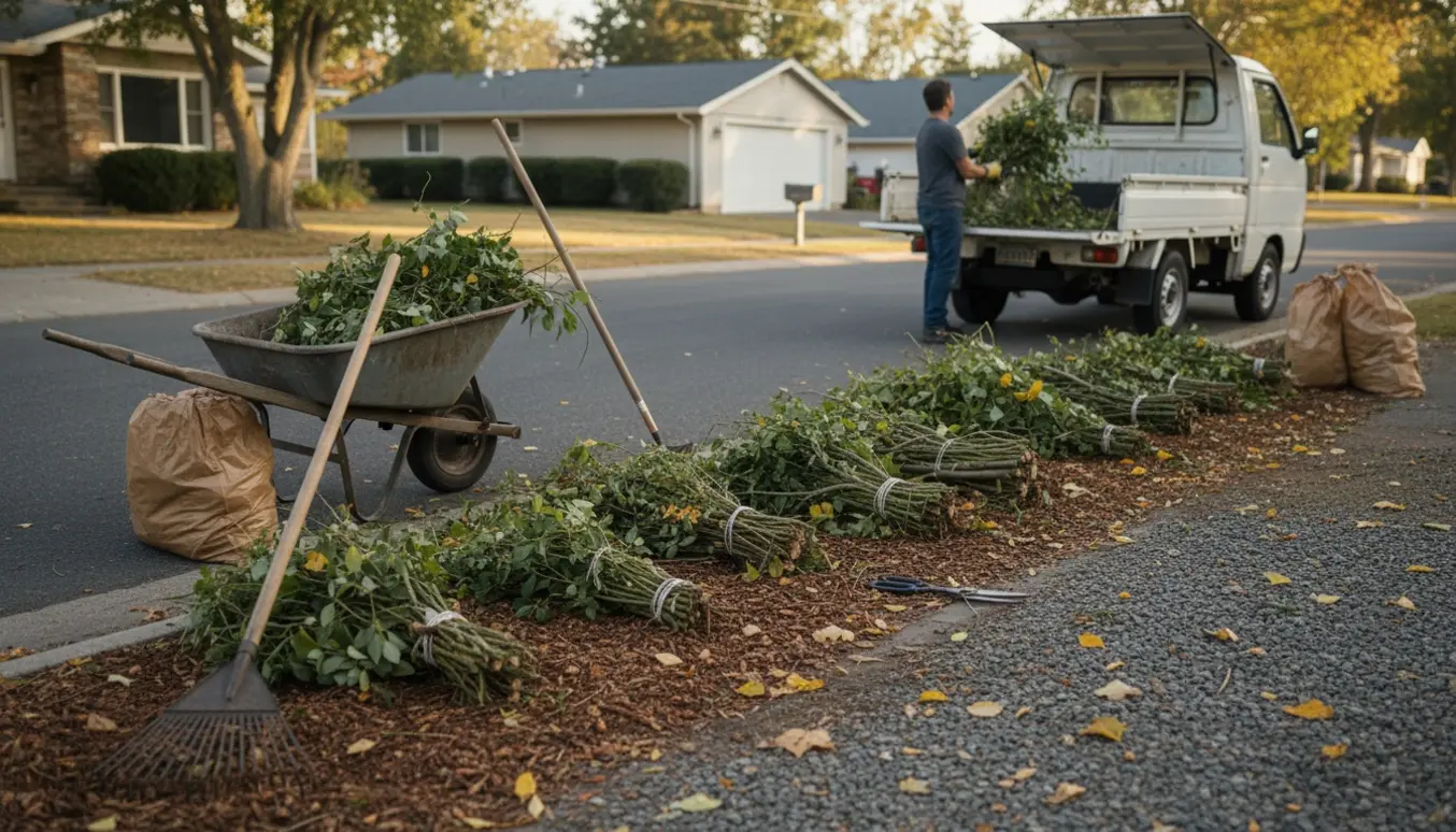 Små bunker af grene ved vejkanten klar til afhentning med lastbil og redskaber i baggrunden.
