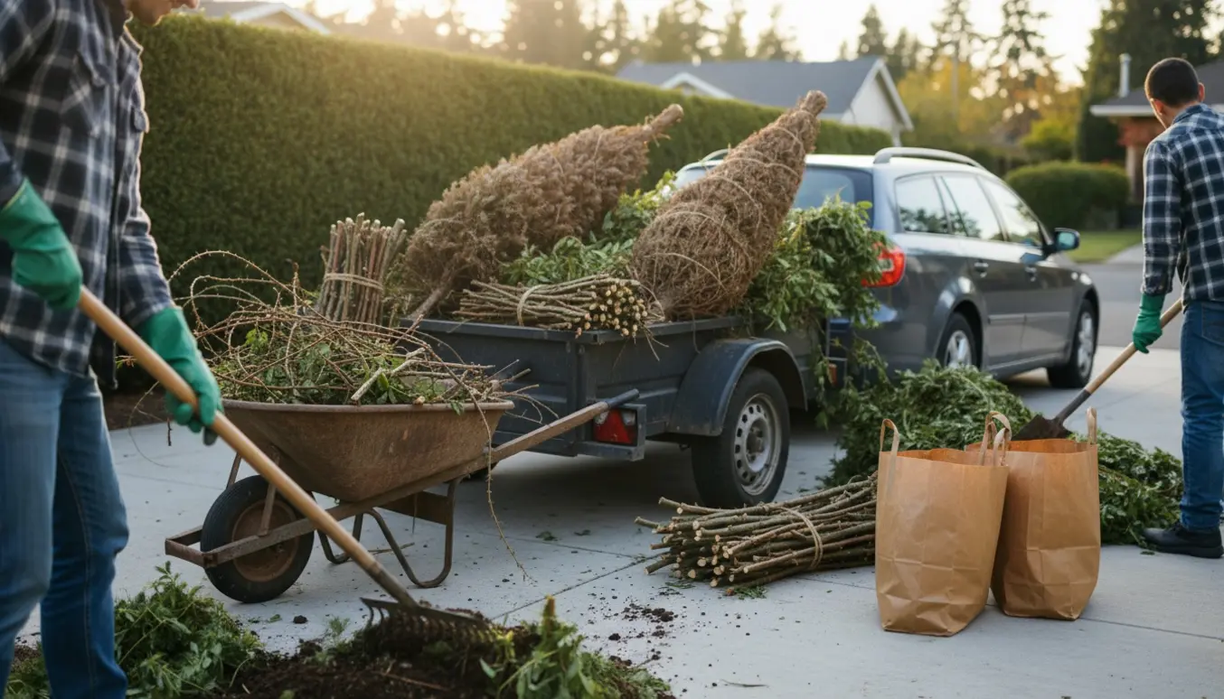 Trailer fyldt med haveaffald — grene, jord, hækafklip og to juletræer klar til afhentning.