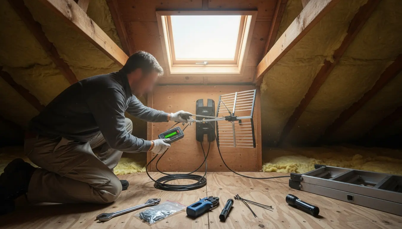 Tekniker set bagfra justerer coax-forbindelsen på en digital loftantenne i blødt dagslys.