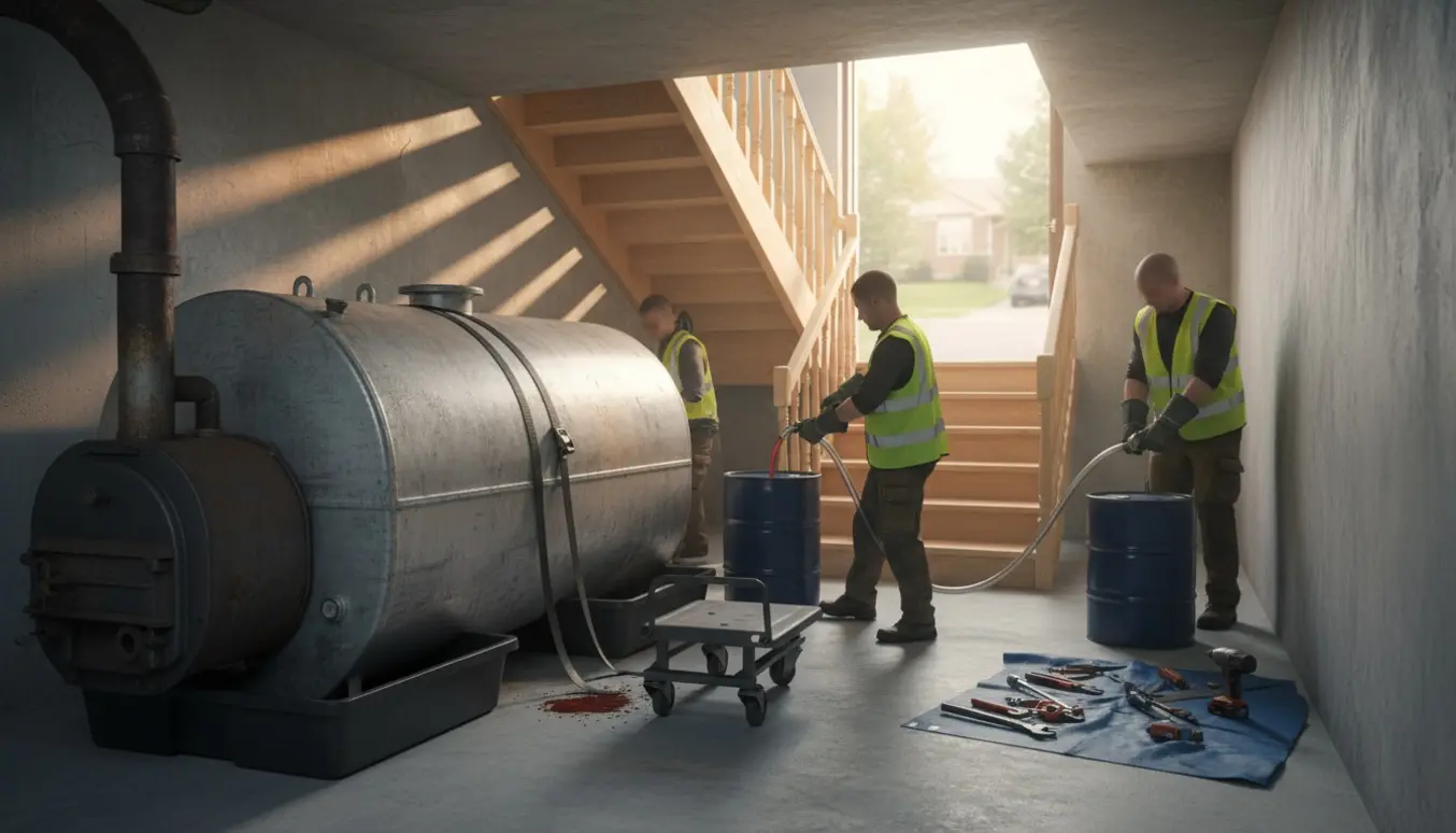 Teknikere afmonterer en 1200 L olietank og et ældre oliefyr i en kælder, mens en sugepumpe fjerner olie.