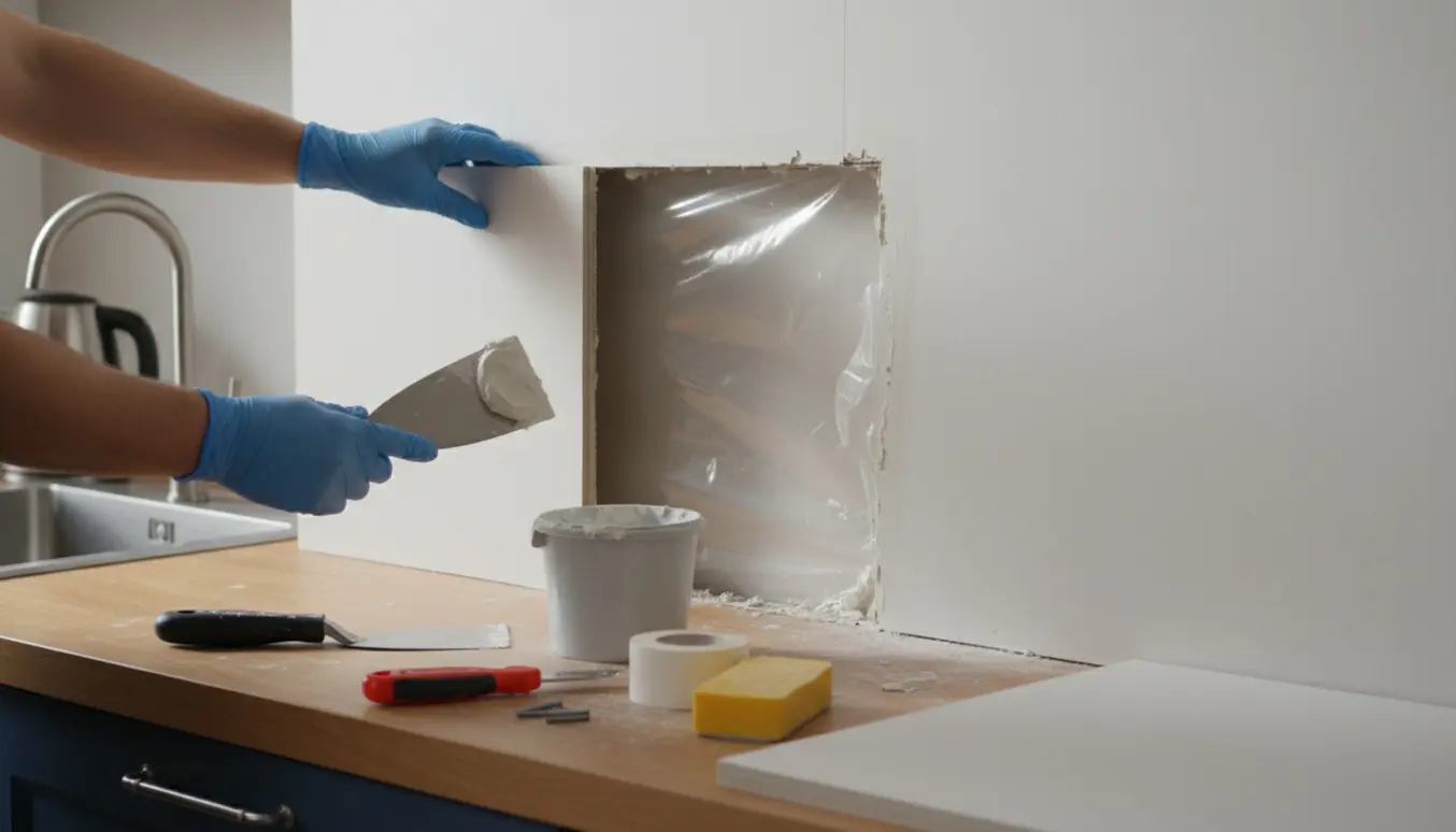 Hænder reparerer et hul i en køkkengipsvæg med dampspærre og værktøj på bordet.