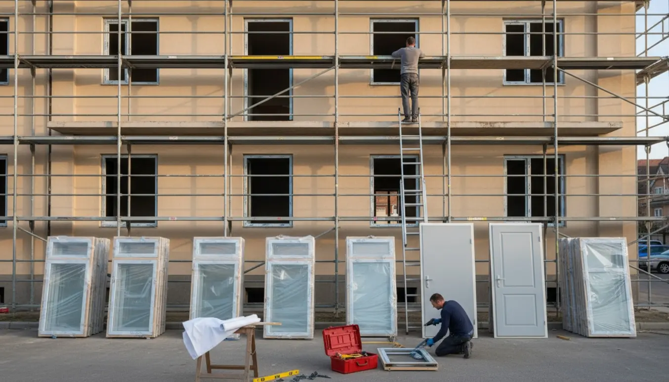 Fasad med stillads, nye vinduesrammer og dørpaneler stablet, håndværkere arbejder uden synlige ansigter under udskiftning.