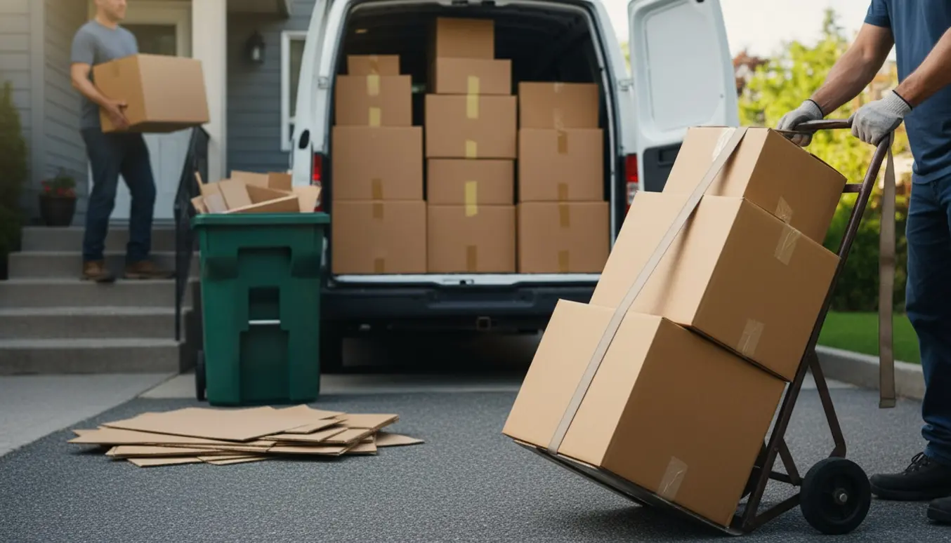 Flere flyttekasser bæres og læsses i en varevogn ved siden af en genbrugskontejner.