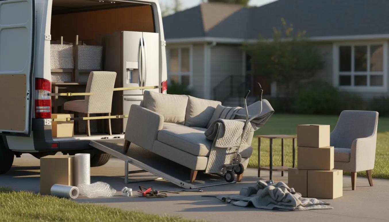 Åben flyttevogn med sofa, spisebord og fire stole, køleskab og fem papkasser ved indkørsel.