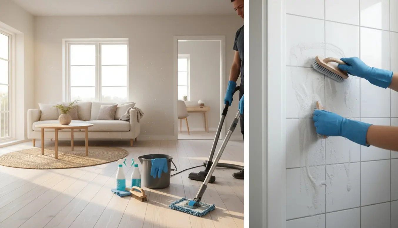 Rengøring af hus og lille anneks med moppe og grundig skrubning af brusefliser.