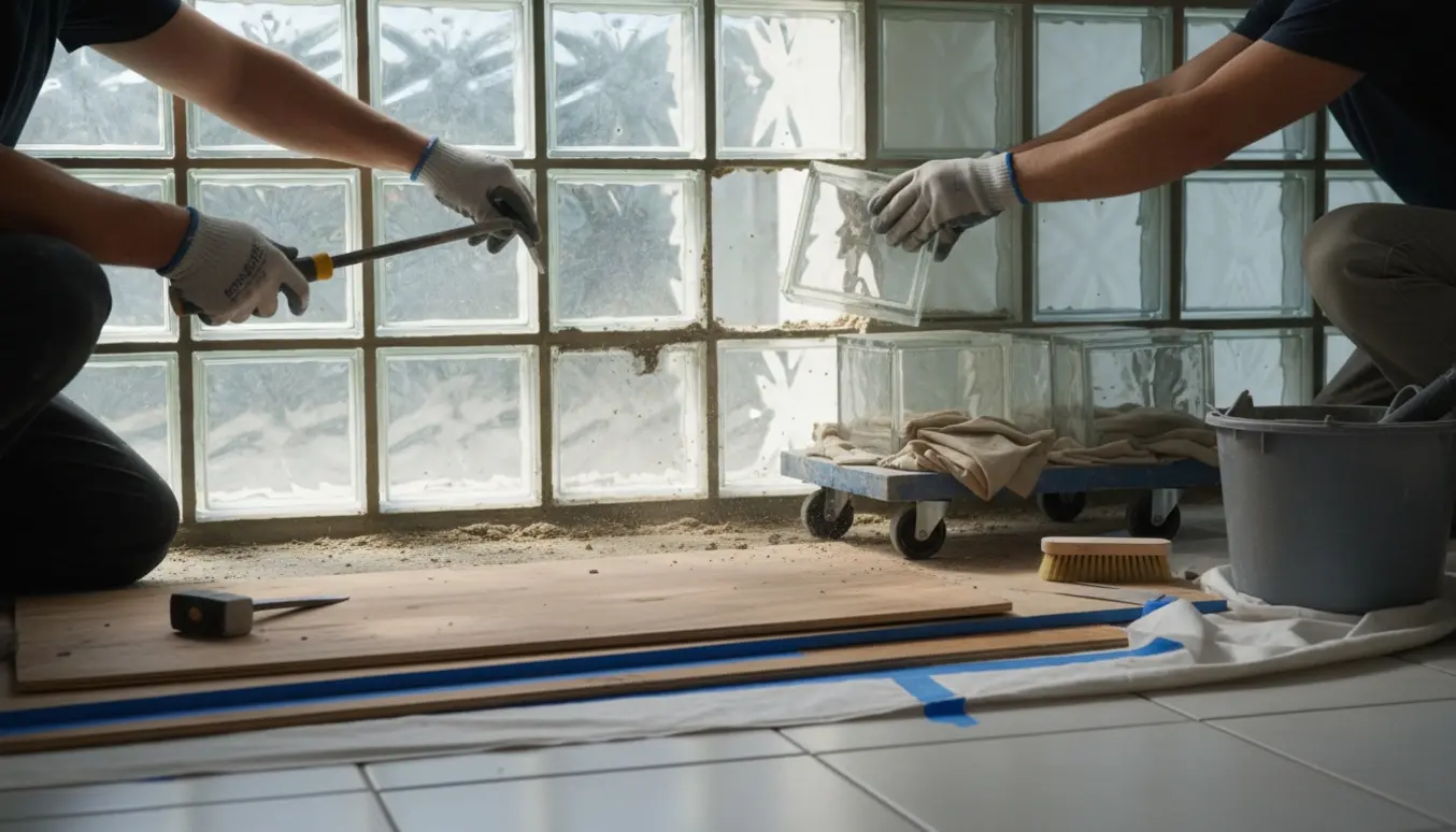 Nærbillede af forsigtig nedrivning af en glasvæg med glasblokke, hvor værktøj og beskyttelse sikrer, at de omkringliggende fliser bevares.