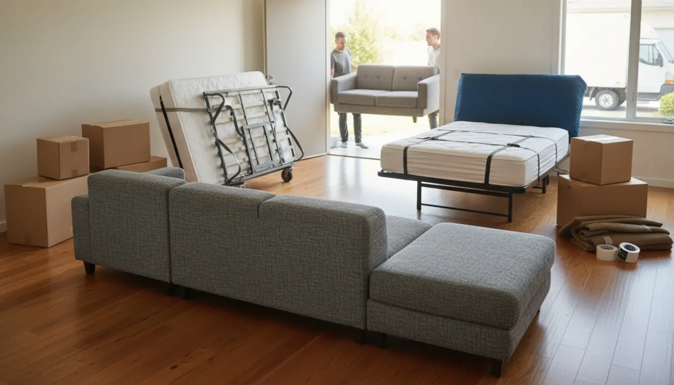 U-formet sofa i tre dele, et indpakket TV, en 140 cm seng og flyttekasser under en flytning.