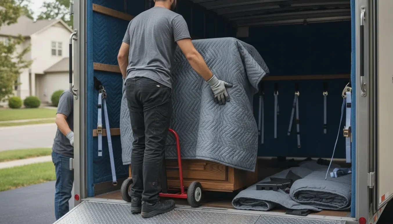 To flyttemænd læsser en beskyttet kommode ind i en trailer foran et parcelhus.