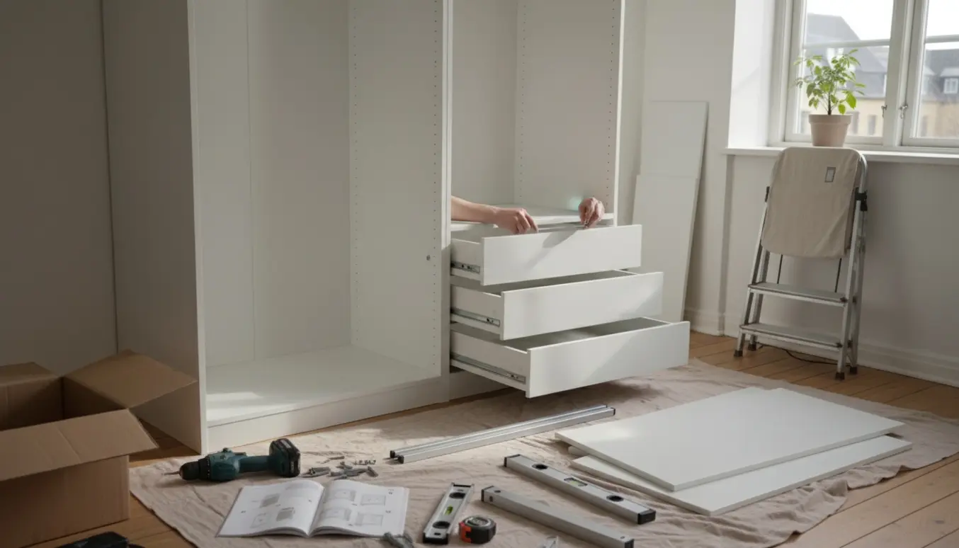 Delvist opbygget PAX-garderobe i en lys lejlighed med hænder, værktøj og samledele samlet omkring.