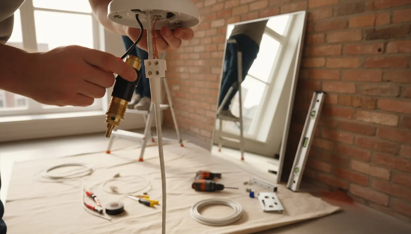 En person monterer en lampe i en roset og forbereder ophæng af et spejl på en murstensvæg.