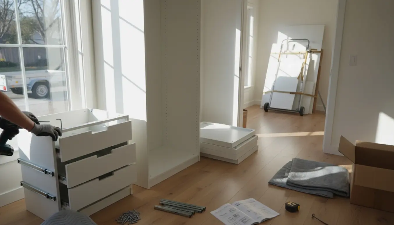 Delvist samlet hvidt fladtpakket garderobeskab i en lys lejlighed med værktøj og afmonterede skabsdele klar til at blive båret ned ad trappen.