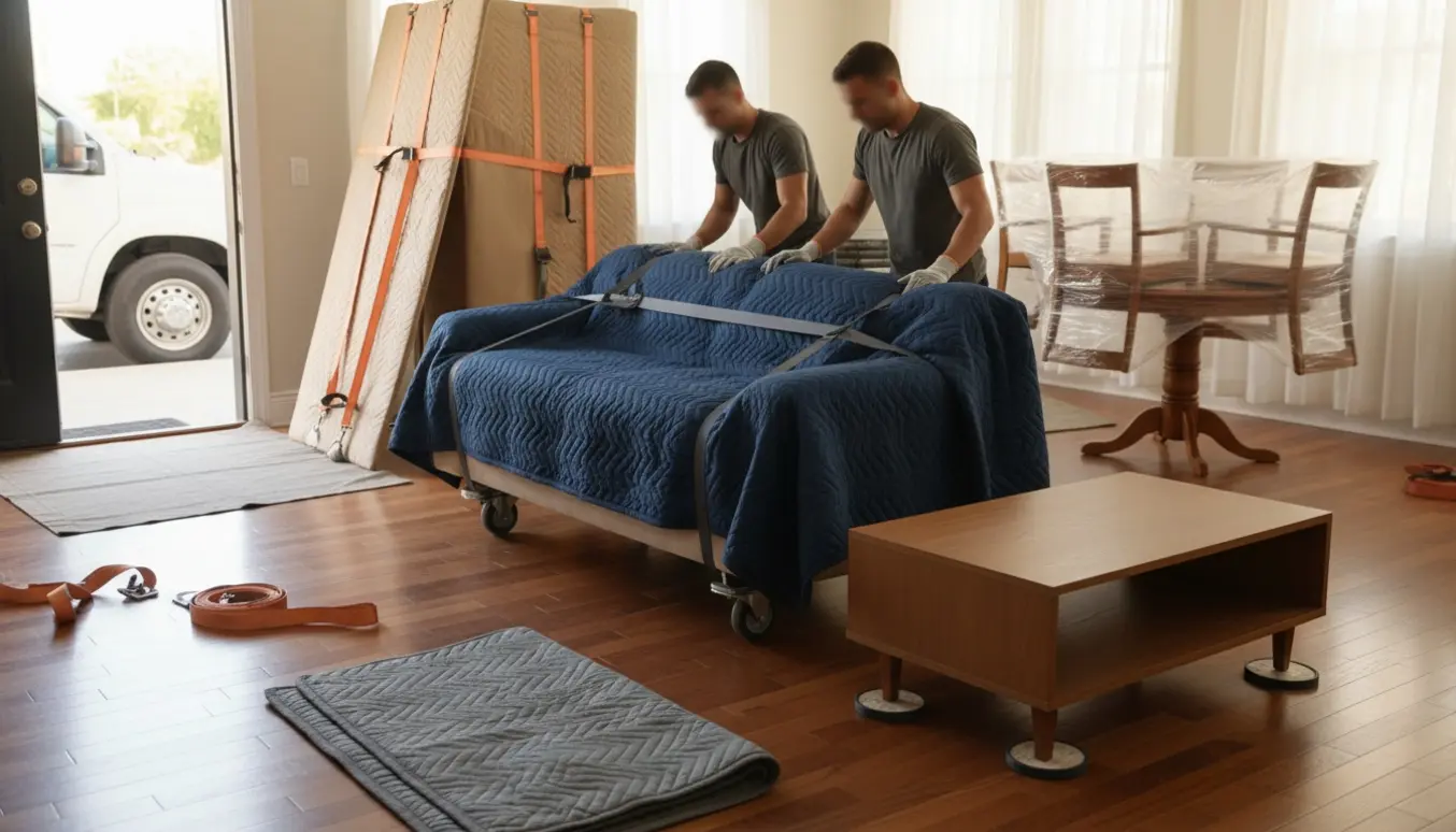 Flyttefolk rykker en indpakket sofa på en trillebår i en lys lejlighed med andre møbler og flytteudstyr omkring.