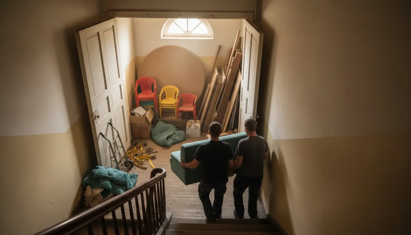 Billedet viser flytning fra et loftrum med sofa, rund finerbordplade, brædder og kasser i en smal trappeopgang uden elevator.