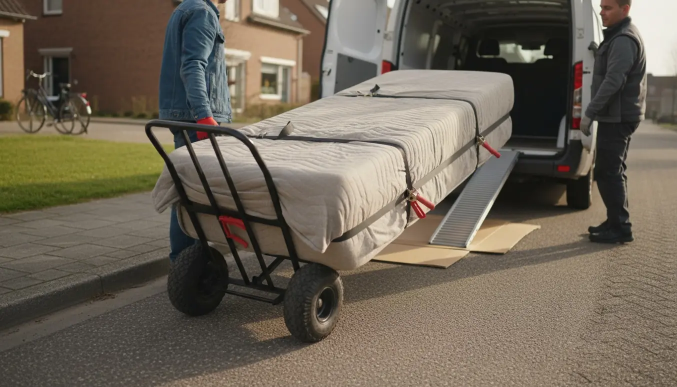 En enkelt boxmadras pakket og sikret på en dolly ved fortovet, klar til at blive læsset i en varevogn.