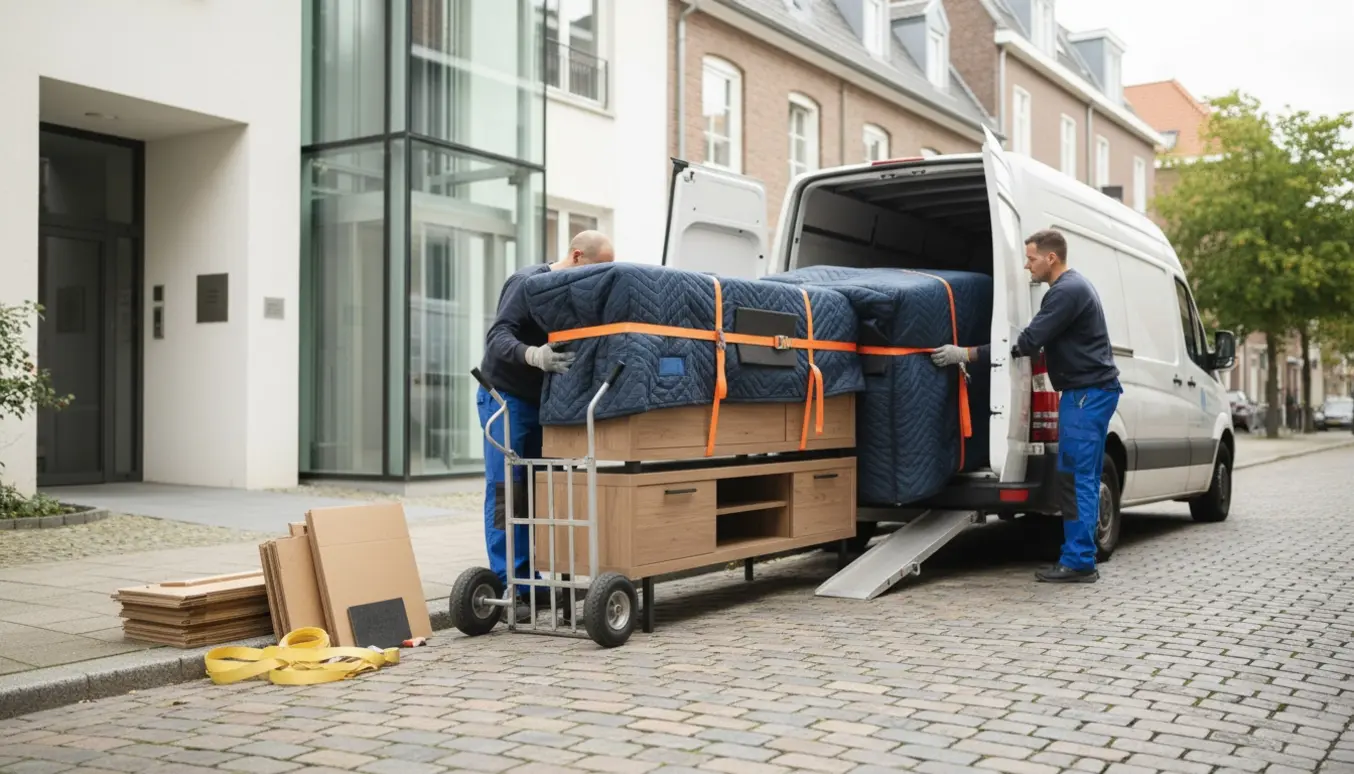 Flyttefolk læsser indpakket skænk og tv-bord på en flyttebil foran en byejendom med elevator.