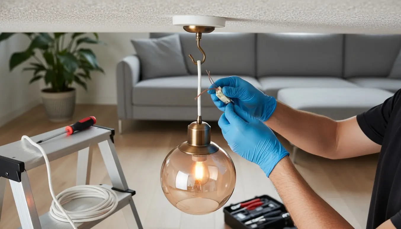 Elektriker monterer pendellampe i loftet med ny ledning og værktøj i et varmt oplyst rum.