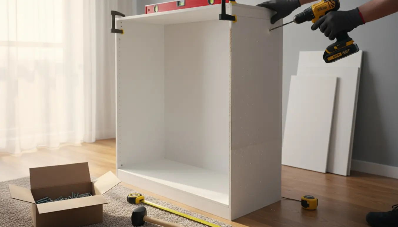 Samling af et hvidt garderobeskab, hvor bagbeklædningen bores fast med en boremaskine.