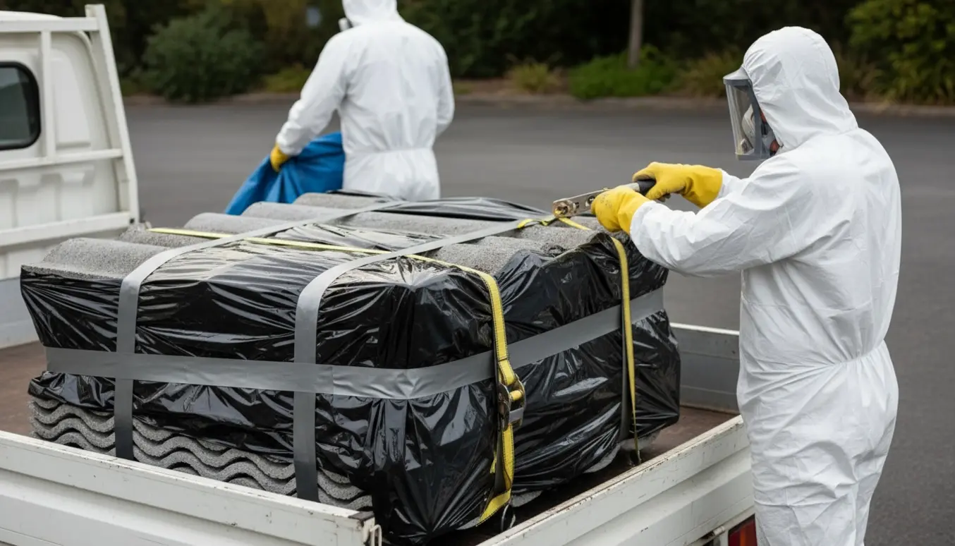 Pakkede eternitplader med asbest bliver forsvarligt lastet på en lastbil af en person i beskyttelsesdragt og åndedrætsværn.