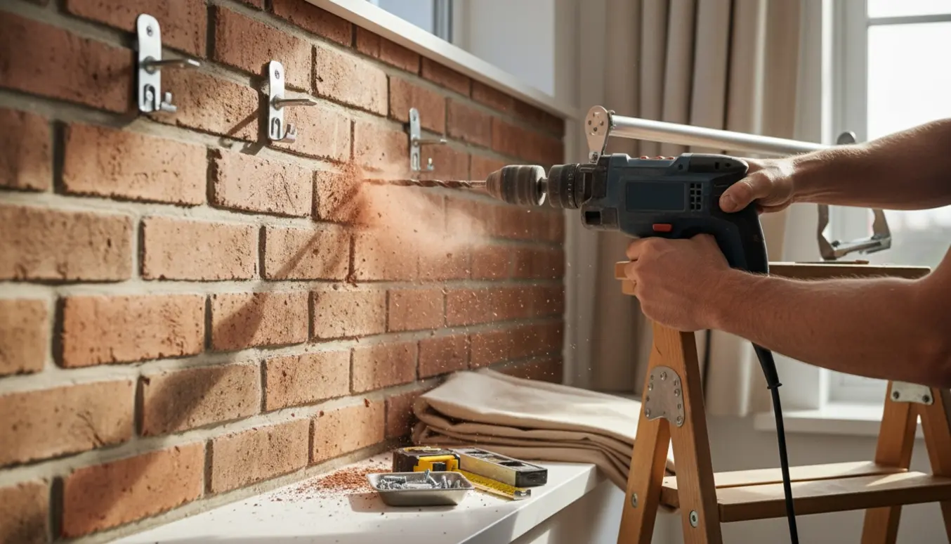 Nærbillede af slagboremaskine, målebånd og markeringer på murstensvæg ved ophængning af gardiner.