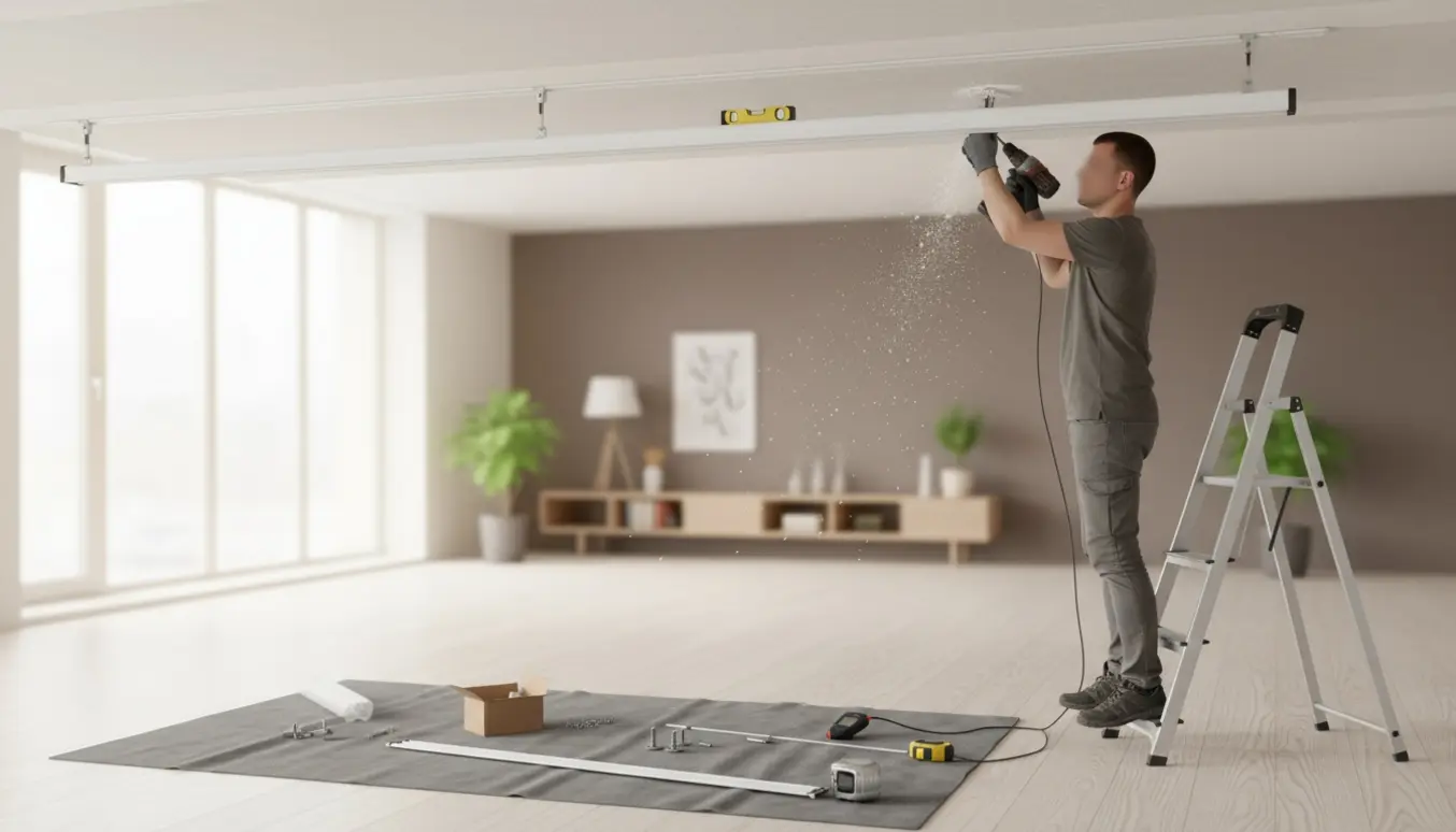 Hænder monterer en hvid 2,5 m gardinskinne i et gipsloft med boremaskine og vaterpas.
