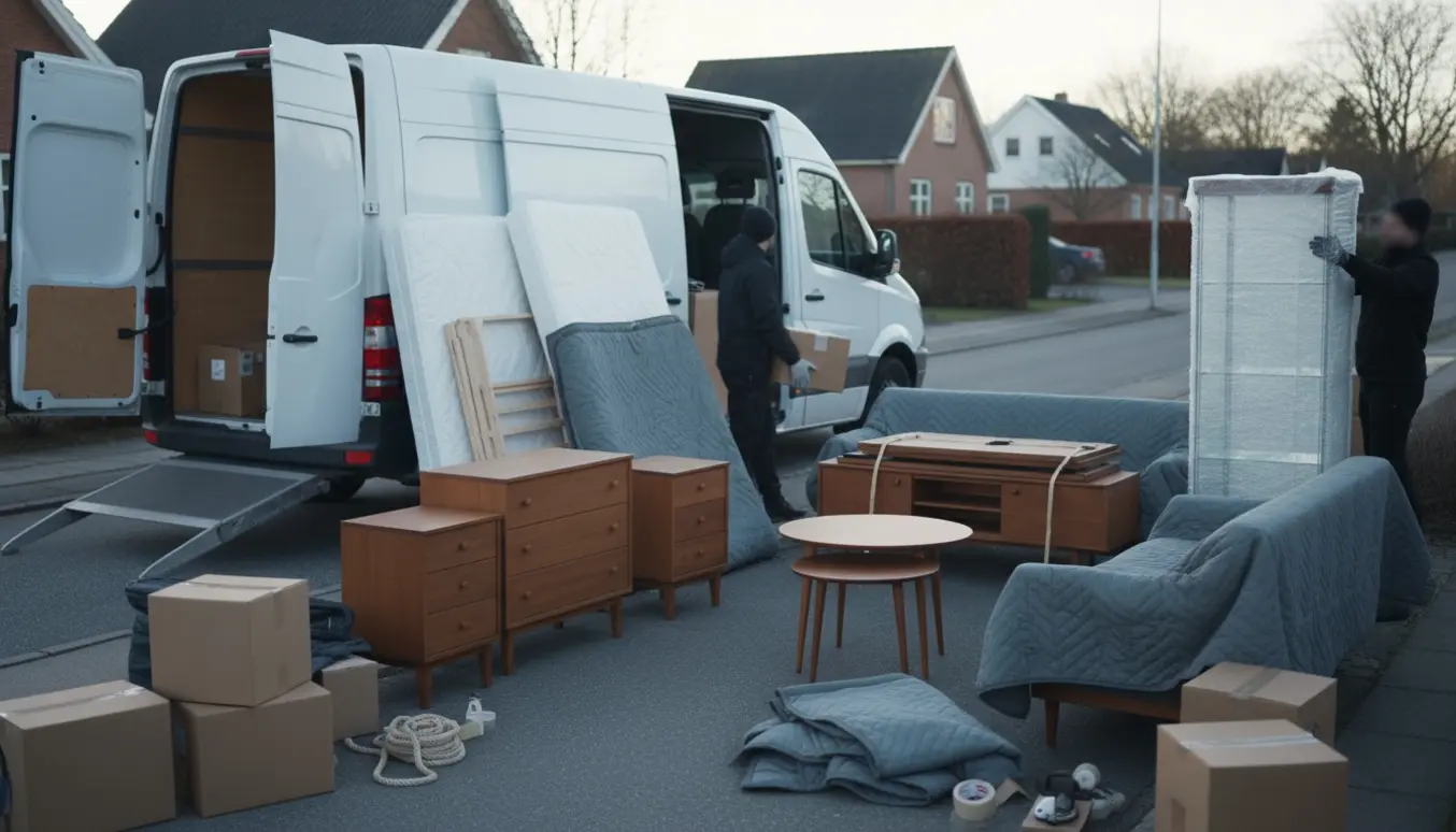 Flyttebil foran parcelhus med tæppeindpakkede møbler og kasser, mens flyttefolk arbejder uden synlige ansigter.